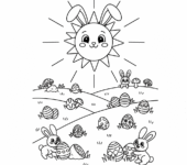 Wesołe słońce z króliczymi uszami, świecące nad łąką z ukrytymi jajkami wielkanocnymi, kolorowanka dla dzieci, cz...