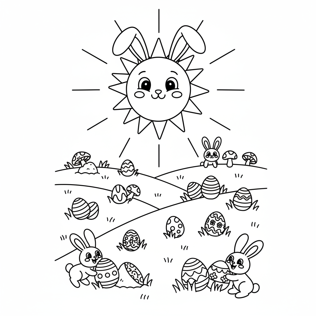 Wesołe słońce z króliczymi uszami, świecące nad łąką z ukrytymi jajkami wielkanocnymi, kolorowanka dla dzieci, cz...