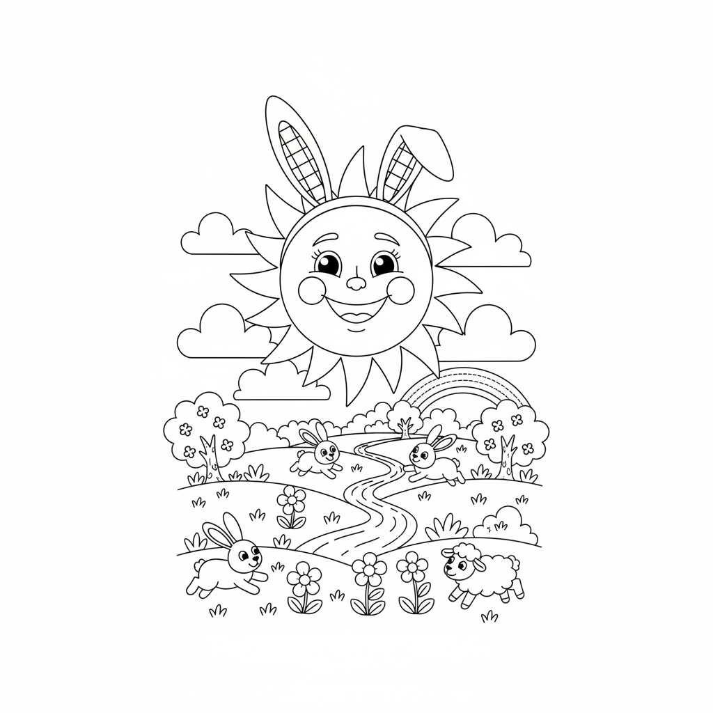 Uśmiechnięte słońce w opasce z króliczymi uszami, świecące nad wiosennym krajobrazem, kolorowanka dla dzieci, czarn...