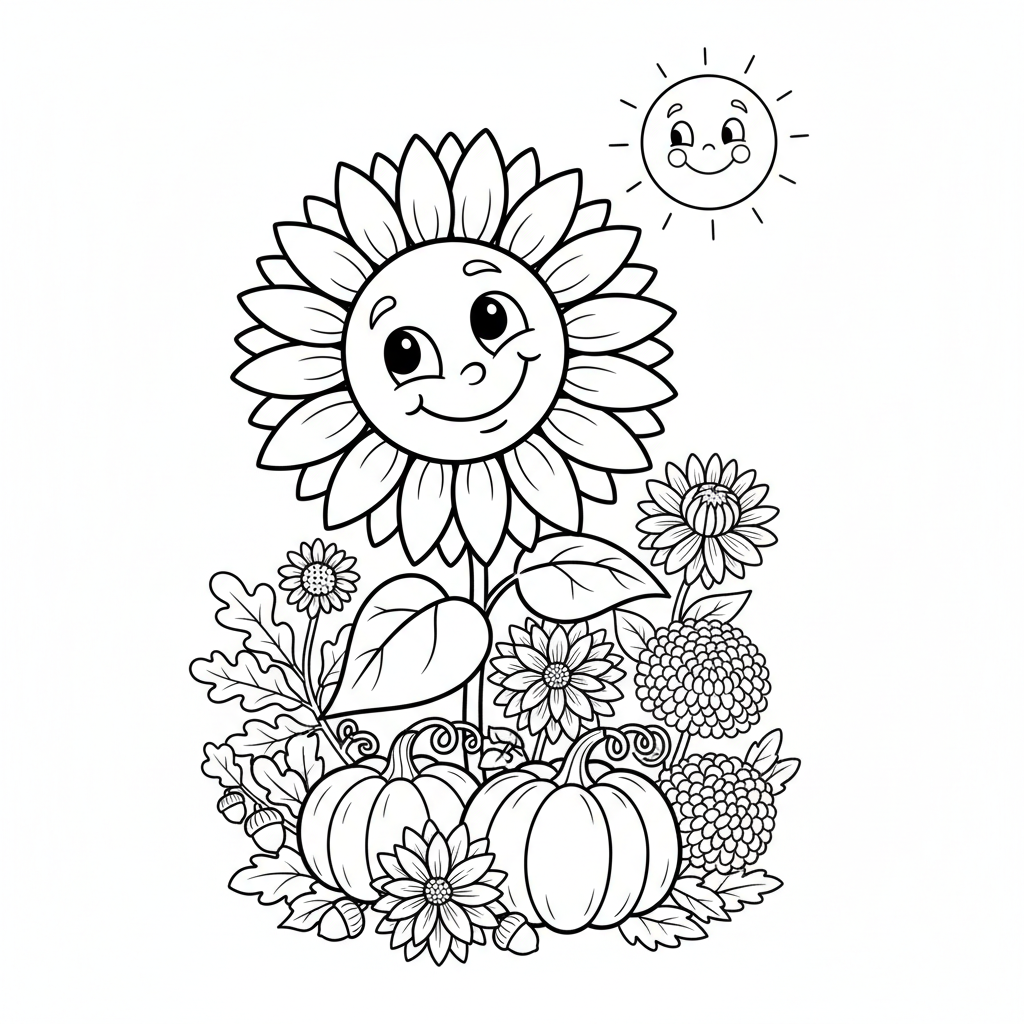 Przyjazny słonecznik patrzący w stronę słońca, otoczony innymi jesiennymi kwiatami, kolorowanka dla dzieci, czarne ko...