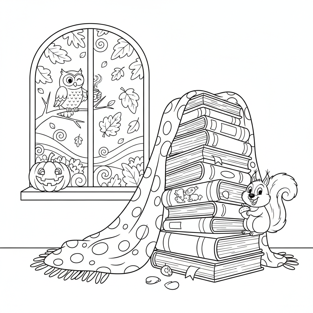 Przytulna scena ze stosem książek i kocem przy oknie, z jesiennymi liśćmi na zewnątrz, kolorowanka dla dzieci, czarne...