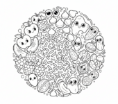 Kolorowa gama dodatków do pączków: posypki, kawałki czekolady, orzechy i owoce, kolorowanka dla dzieci, czarne kontury...