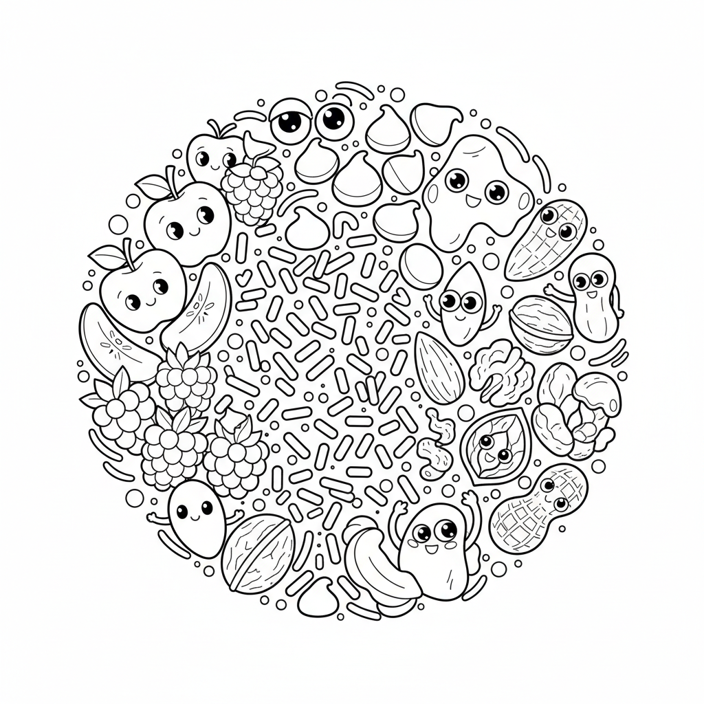 Kolorowa gama dodatków do pączków: posypki, kawałki czekolady, orzechy i owoce, kolorowanka dla dzieci, czarne kontury...