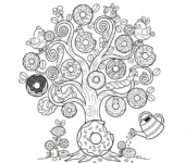 Fantazyjne drzewo pączkowe rosnące z różnymi rodzajami pączków, kolorowanka dla dzieci, czarne kontury, białe tło.