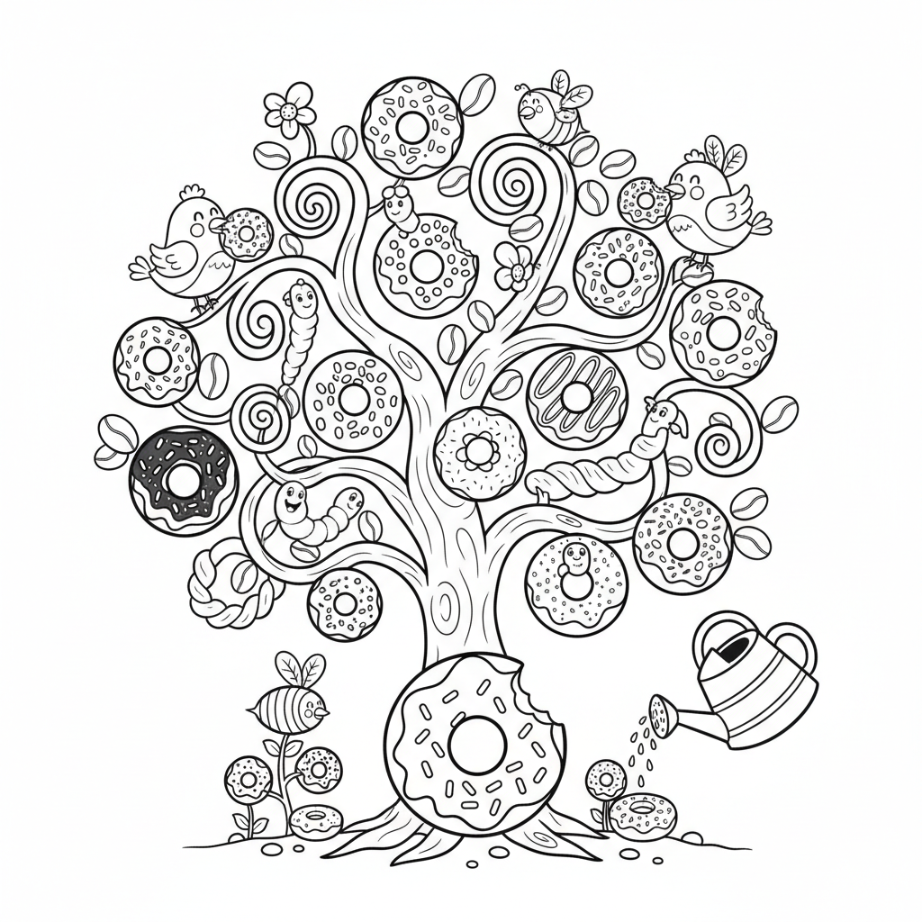 Fantazyjne drzewo pączkowe rosnące z różnymi rodzajami pączków, kolorowanka dla dzieci, czarne kontury, białe tło.