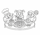 Dzieci dekorujące pączki lukrem i posypkami przy stole, kolorowanka dla dzieci, czarne kontury, białe tło.