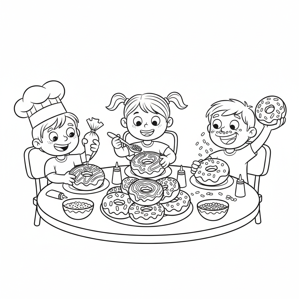 Dzieci dekorujące pączki lukrem i posypkami przy stole, kolorowanka dla dzieci, czarne kontury, białe tło.