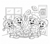 Grupa szczęśliwych dzieci jedzących pączki i pijących sok, świętujących Tłusty Czwartek, kolorowanka dla dzieci, ...