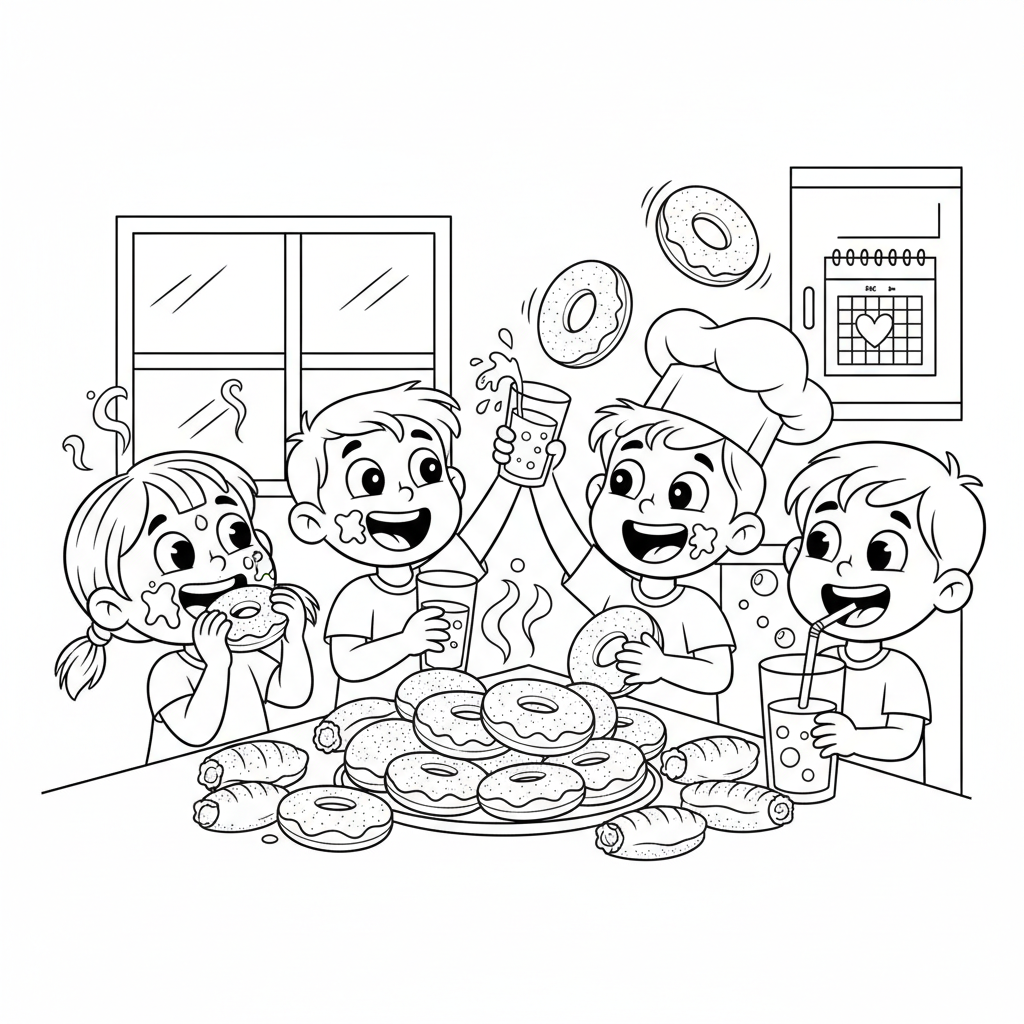 Grupa szczęśliwych dzieci jedzących pączki i pijących sok, świętujących Tłusty Czwartek, kolorowanka dla dzieci, ...