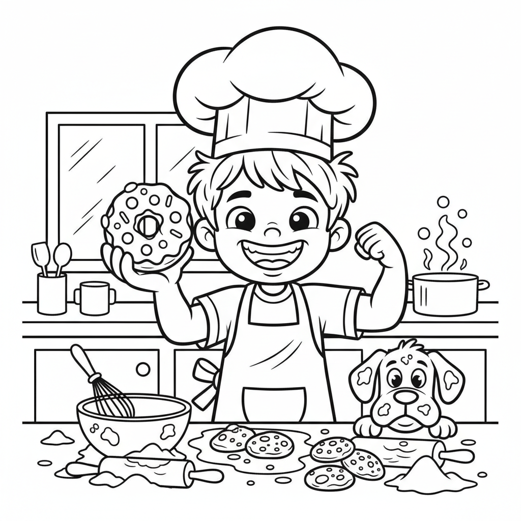 Dziecko dumnie prezentujące domowej roboty pączka, pokazujące swoje umiejętności pieczenia, kolorowanka dla dzieci, c...