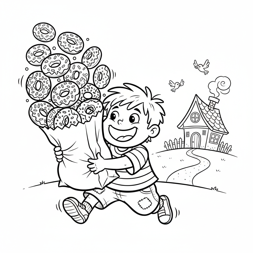 Dziecko niosące dużą papierową torbę wypełnioną pączkami, z podekscytowaniem idące do domu, kolorowanka dla dziec...