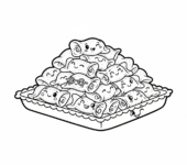 Pyszna taca faworków (chruścików), posypanych cukrem pudrem, kolorowanka dla dzieci, czarne kontury, białe tło.