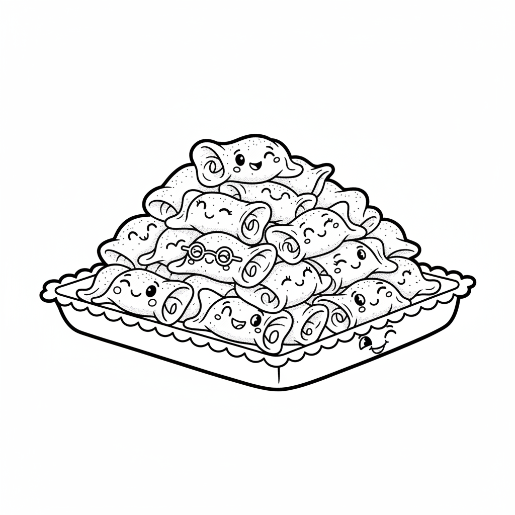 Pyszna taca faworków (chruścików), posypanych cukrem pudrem, kolorowanka dla dzieci, czarne kontury, białe tło.