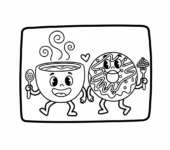 Wesoła filiżanka kawy obok pączka, symbolizująca idealne śniadanie, kolorowanka dla dzieci, czarne kontury, białe tło.