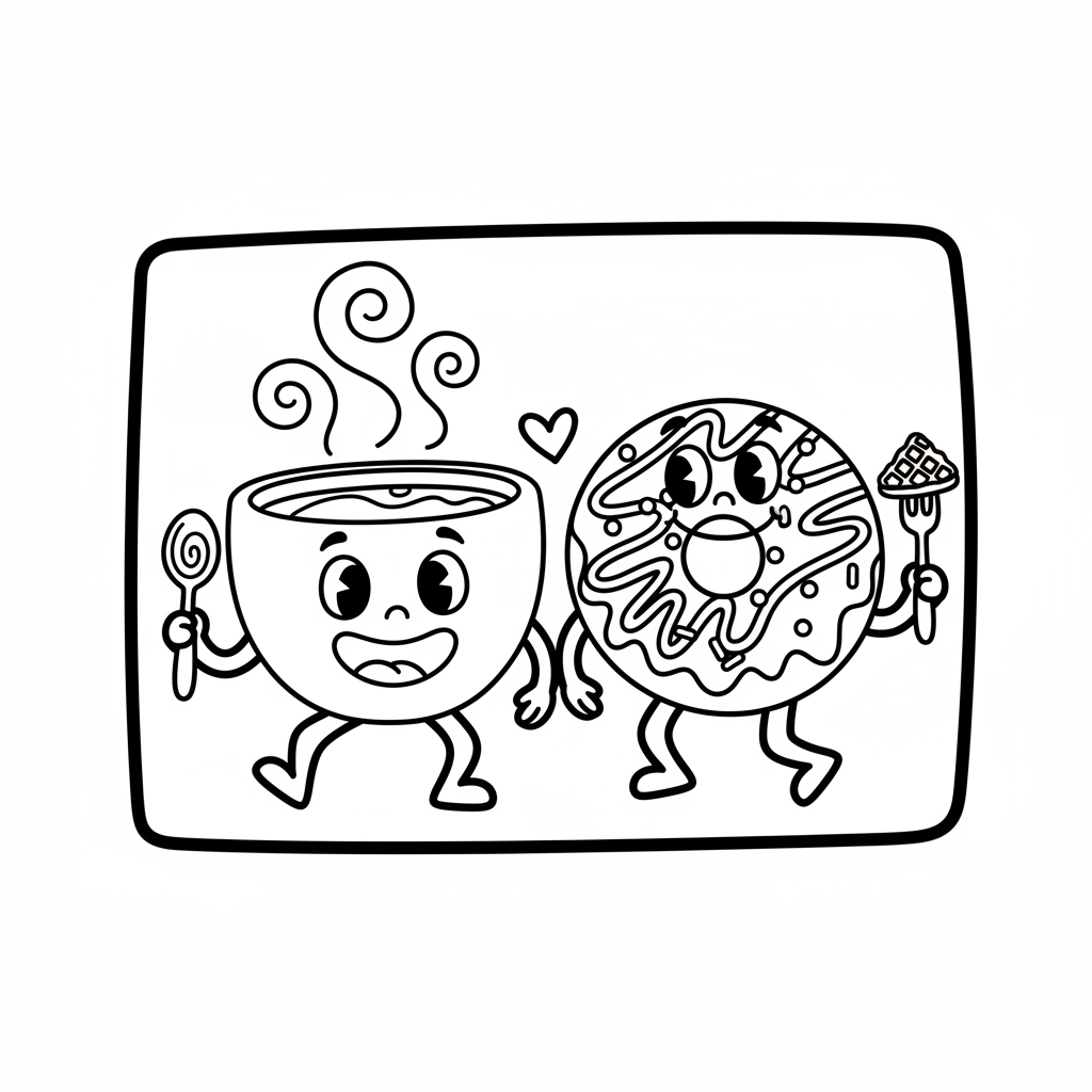 Wesoła filiżanka kawy obok pączka, symbolizująca idealne śniadanie, kolorowanka dla dzieci, czarne kontury, białe tło.