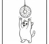 Uroczy kotek próbujący dosięgnąć pączka wiszącego na sznurku, kolorowanka dla dzieci, czarne kontury, białe tło.