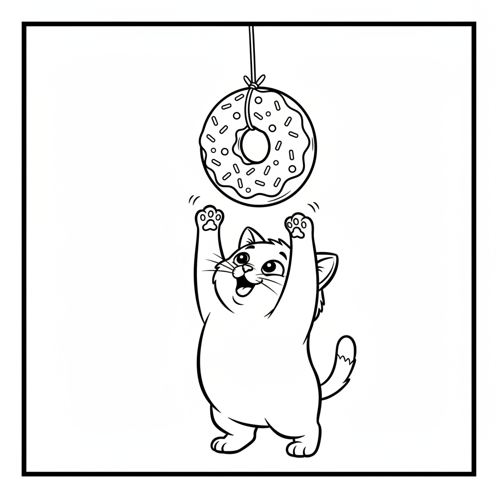 Uroczy kotek próbujący dosięgnąć pączka wiszącego na sznurku, kolorowanka dla dzieci, czarne kontury, białe tło.