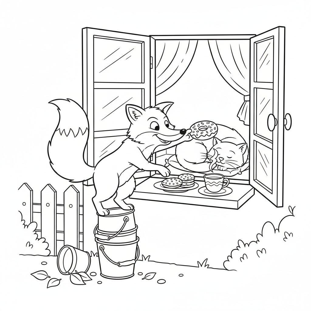 Złośliwy lis próbujący ukraść pączka z otwartego okna, kolorowanka dla dzieci, czarne kontury, białe tło.
