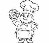 Uroczy mały szef kuchni w wysokiej czapce, trzymający świeżo upieczonego pączka, kolorowanka dla dzieci, czarne kontu...