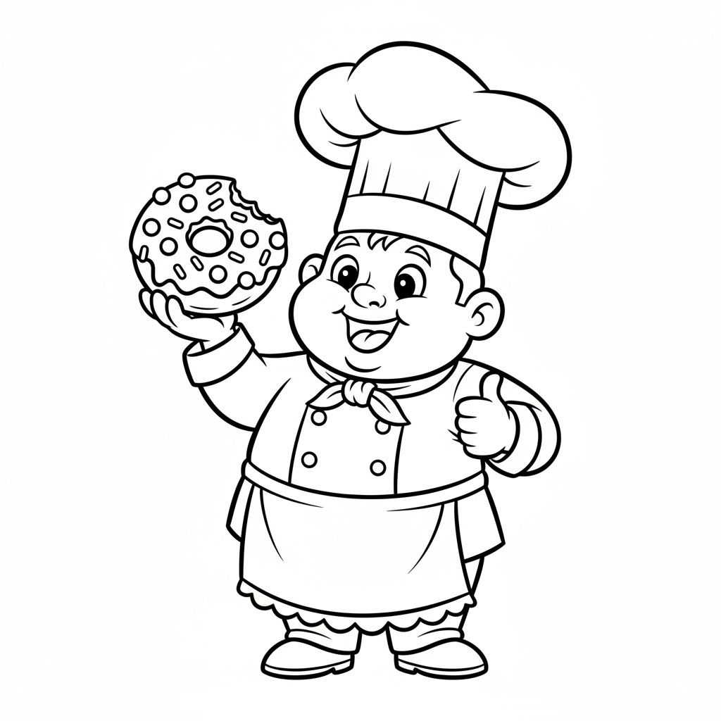 Uroczy mały szef kuchni w wysokiej czapce, trzymający świeżo upieczonego pączka, kolorowanka dla dzieci, czarne kontu...