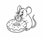 Urocza myszka potajemnie podjadająca pączka, kolorowanka dla dzieci, czarne kontury, białe tło.