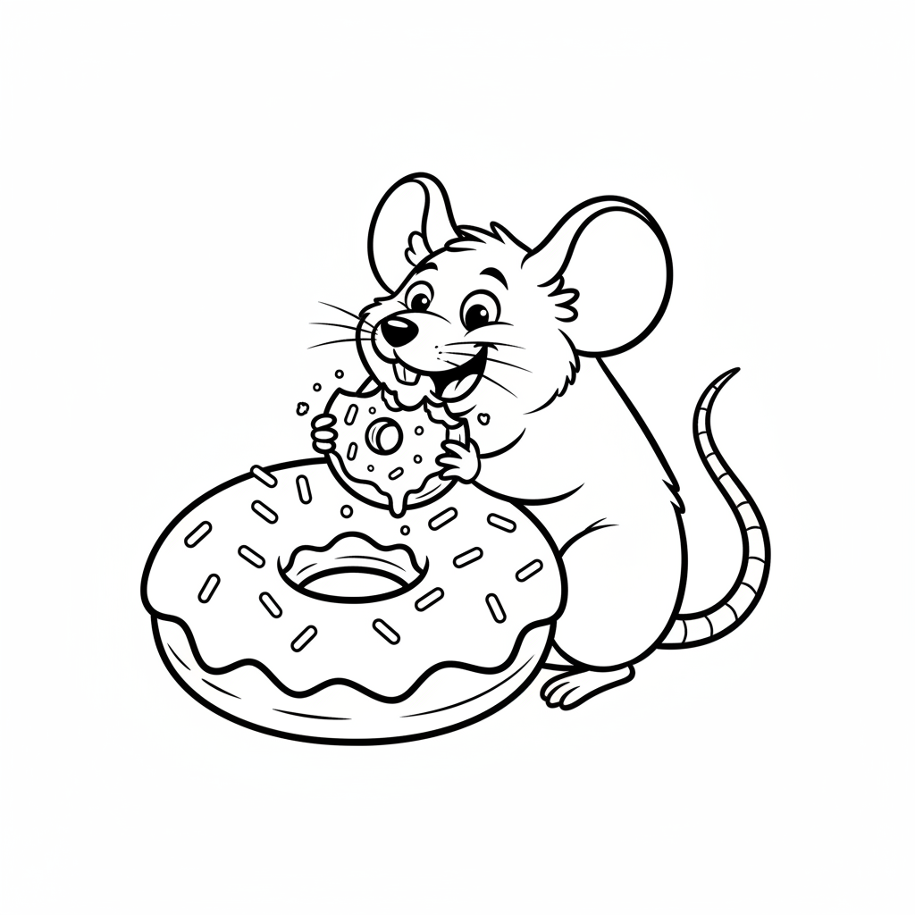 Urocza myszka potajemnie podjadająca pączka, kolorowanka dla dzieci, czarne kontury, białe tło.