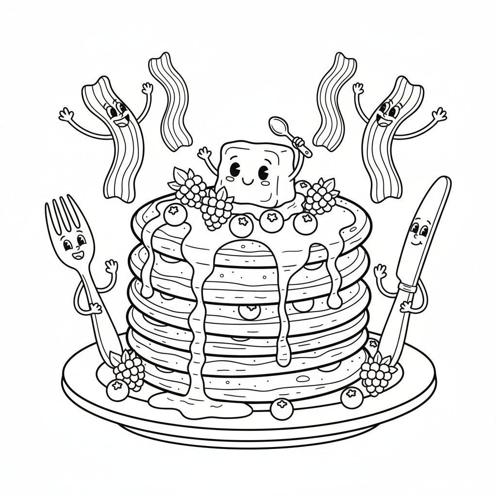 Stos apetycznych naleśników z syropem i jagodami, kolorowanka dla dzieci, czarne kontury, białe tło.