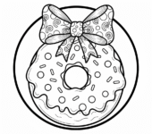 Olbrzymi glazurowany pączek z dużą kokardą, wyglądający świątecznie, kolorowanka dla dzieci, czarne kontury, biał...