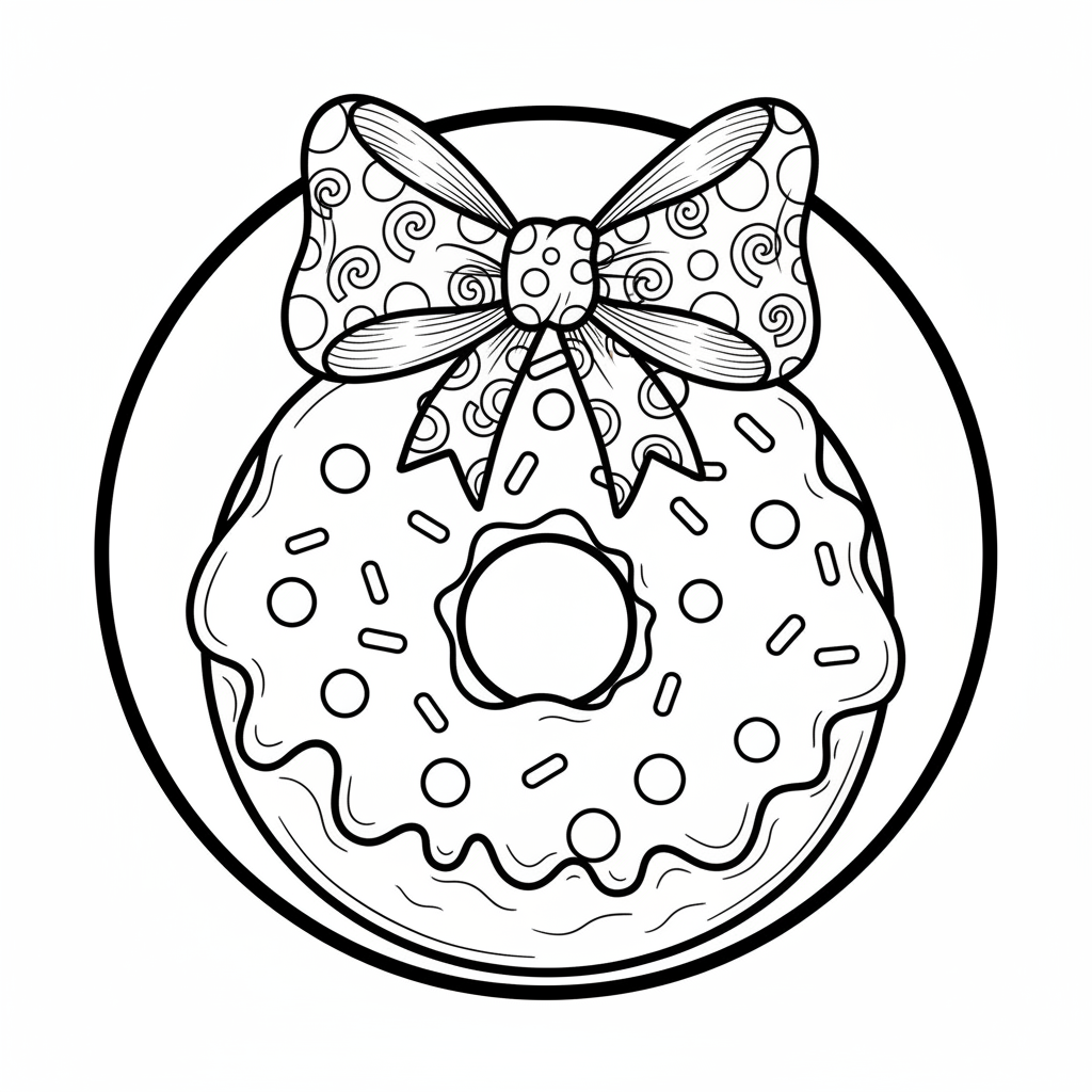 Olbrzymi glazurowany pączek z dużą kokardą, wyglądający świątecznie, kolorowanka dla dzieci, czarne kontury, biał...