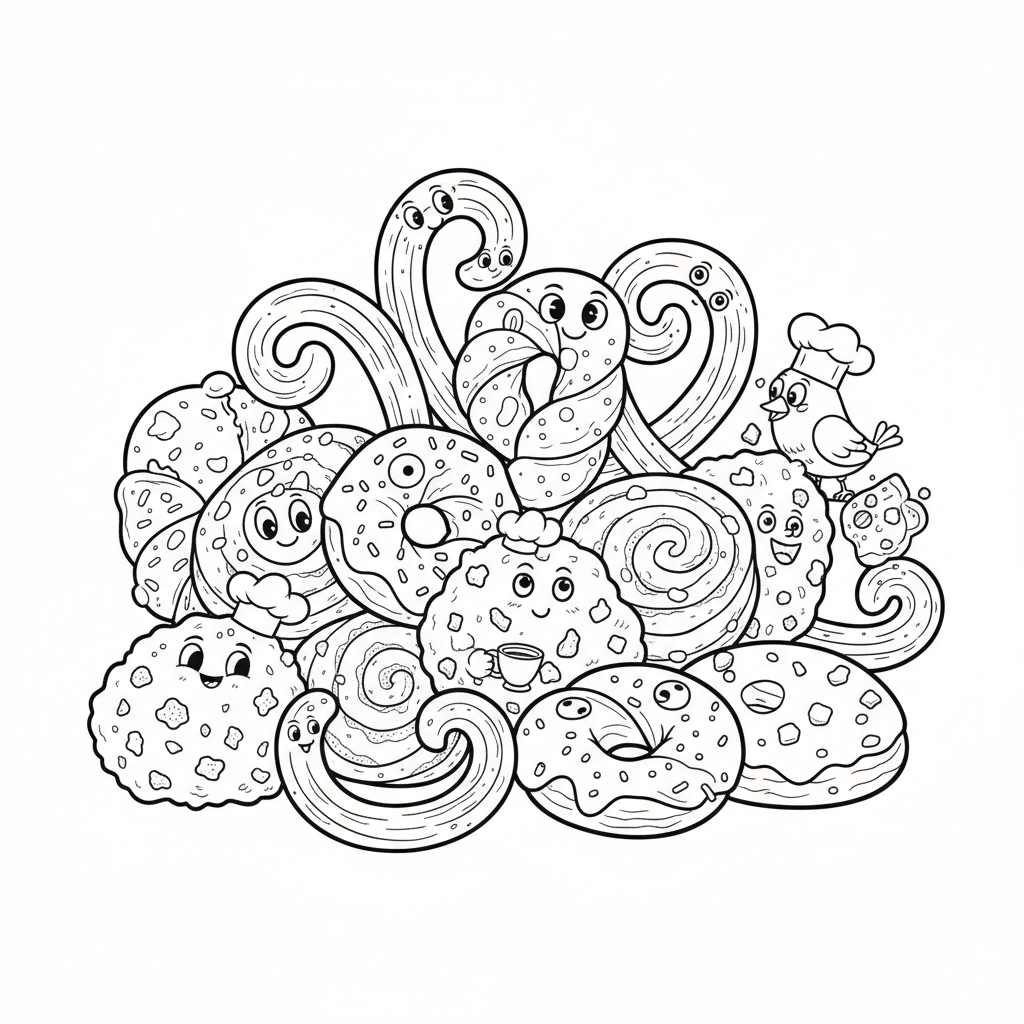 Różnorodność słodkich wypieków: oponki, churros i racuchy, gotowe do degustacji, kolorowanka dla dzieci, czarne kont...