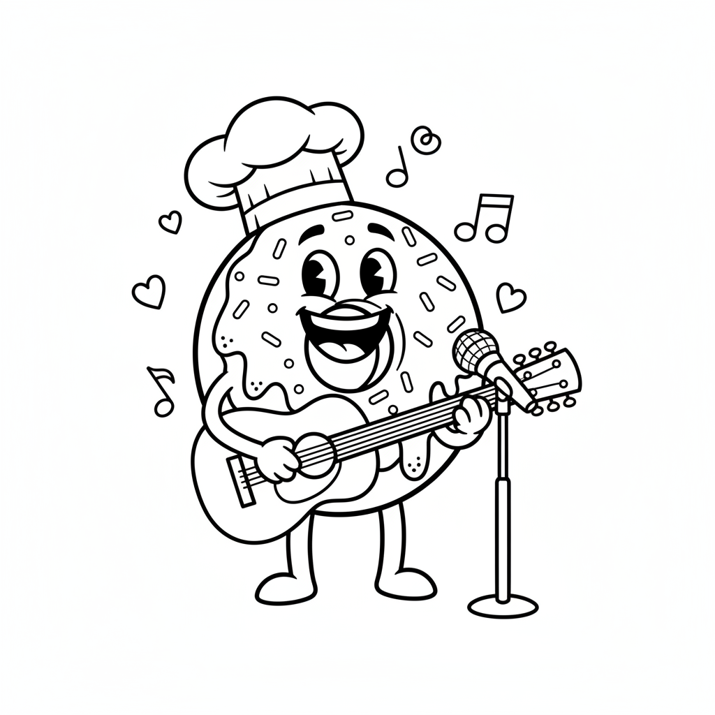 Postać pączka grająca na gitarze, śpiewająca słodką piosenkę, kolorowanka dla dzieci, czarne kontury, białe tło.