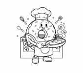 Pączek w czapce i fartuchu kucharza, gotowy do gotowania, kolorowanka dla dzieci, czarne kontury, białe tło.