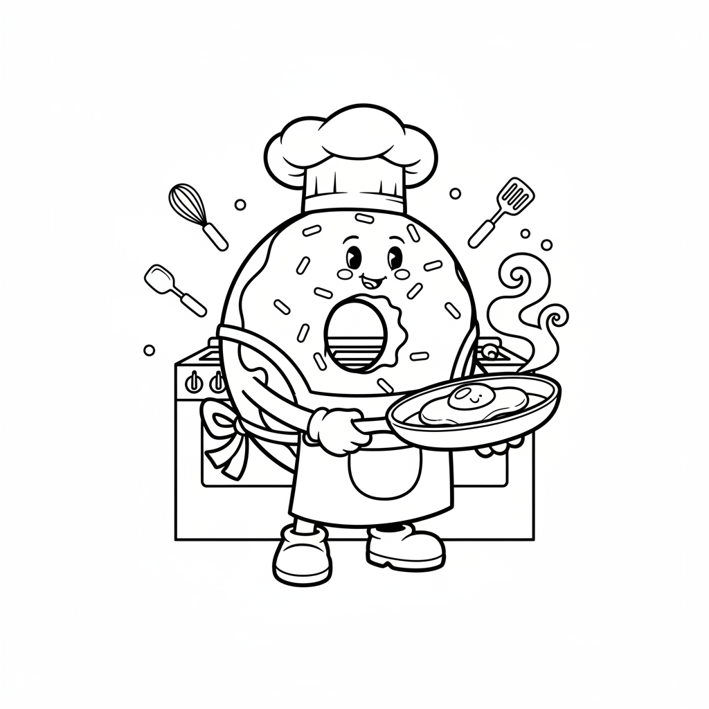 Pączek w czapce i fartuchu kucharza, gotowy do gotowania, kolorowanka dla dzieci, czarne kontury, białe tło.