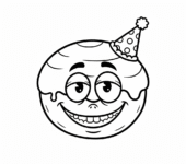 Pączek z zabawną miną, w maleńkiej czapce imprezowej, kolorowanka dla dzieci, czarne kontury, białe tło.