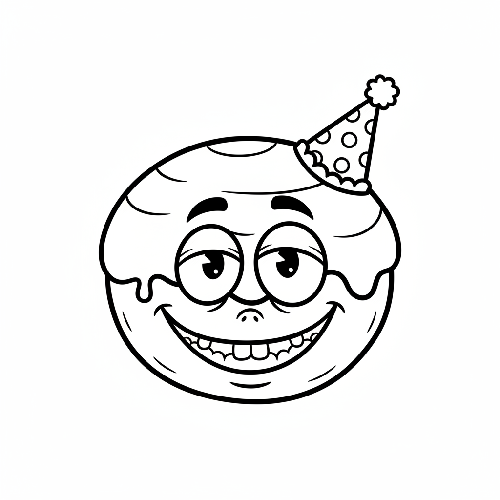 Pączek z zabawną miną, w maleńkiej czapce imprezowej, kolorowanka dla dzieci, czarne kontury, białe tło.