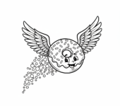 Pączek ze skrzydłami latający po niebie, zostawiający ślad posypek, kolorowanka dla dzieci, czarne kontury, białe tło.