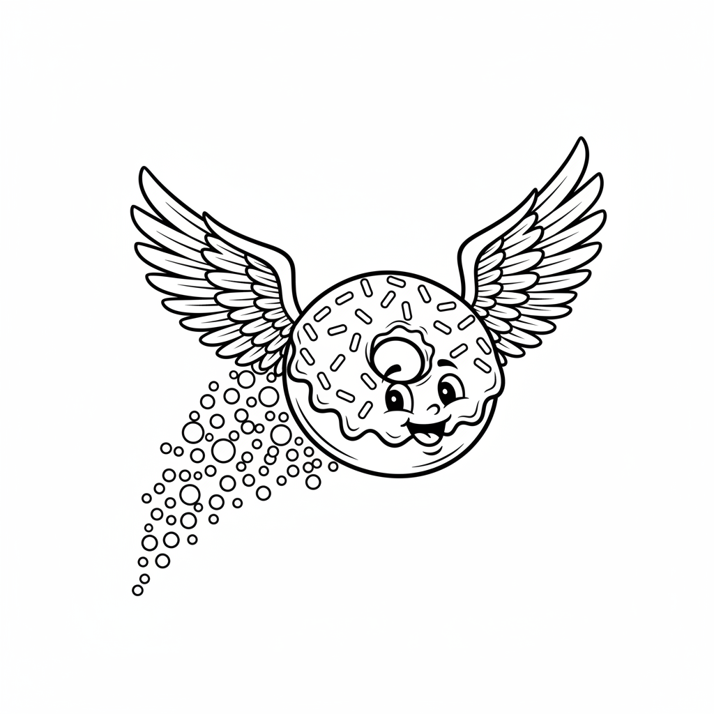 Pączek ze skrzydłami latający po niebie, zostawiający ślad posypek, kolorowanka dla dzieci, czarne kontury, białe tło.