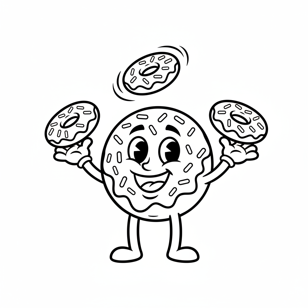 Rozbrykany pączek żonglujący innymi mniejszymi pączkami, kolorowanka dla dzieci, czarne kontury, białe tło.
