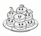 Talerz pełen tradycyjnych polskich pączków z nadzieniem różanym, kolorowanka dla dzieci, czarne kontury, białe tło.