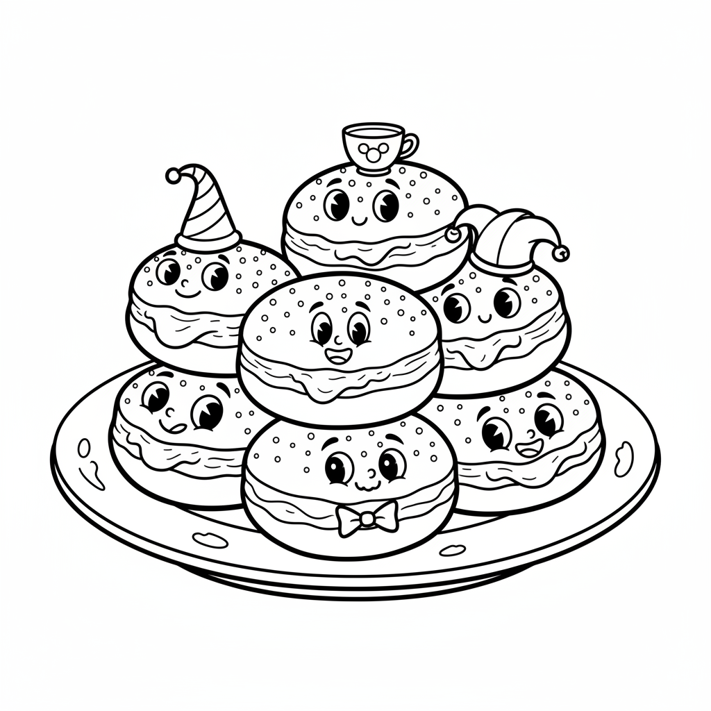 Talerz pełen tradycyjnych polskich pączków z nadzieniem różanym, kolorowanka dla dzieci, czarne kontury, białe tło.