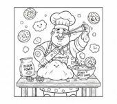 Scena piekarni z piekarzem przygotowującym ciasto na pączki, kolorowanka dla dzieci, czarne kontury, białe tło.