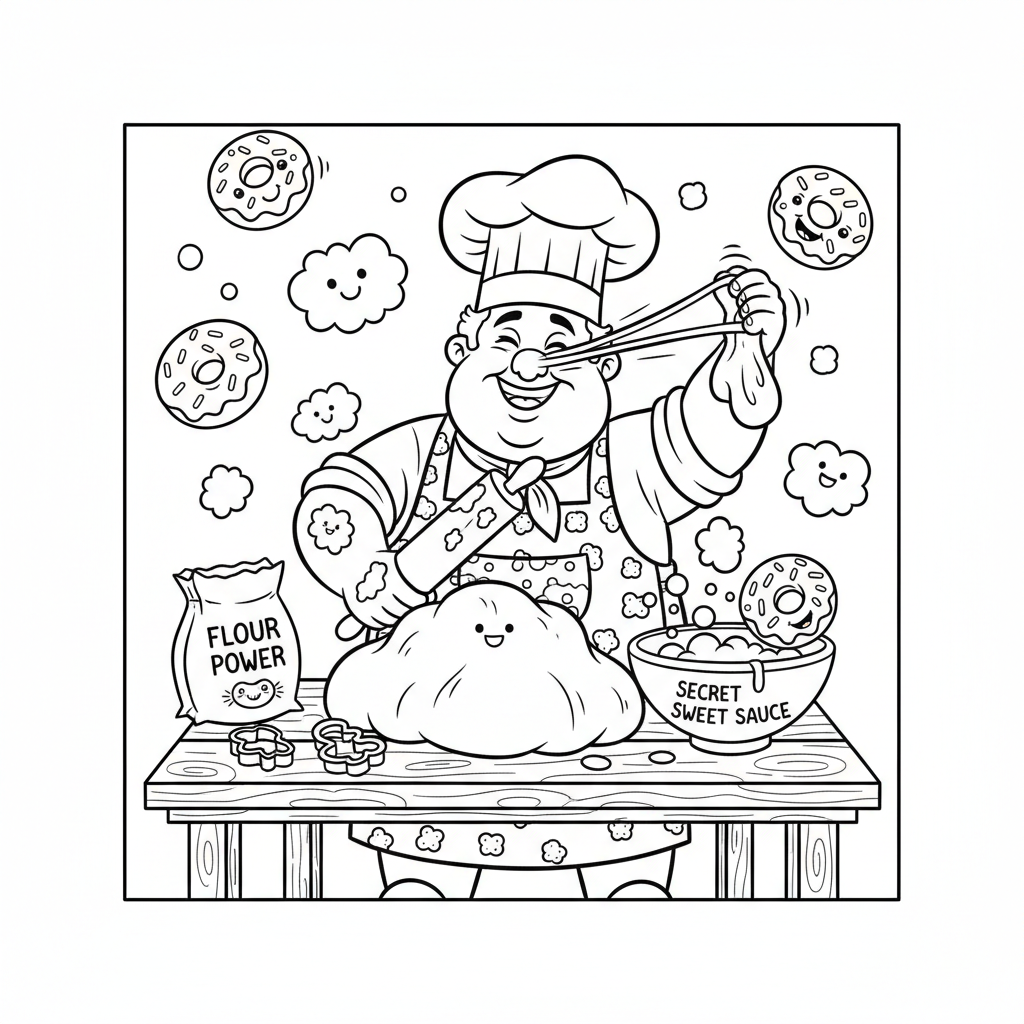 Scena piekarni z piekarzem przygotowującym ciasto na pączki, kolorowanka dla dzieci, czarne kontury, białe tło.