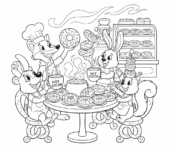 Grupa przyjaciół dzielących się pączkami i gorącymi napojami w kawiarni, kolorowanka dla dzieci, czarne kontury, bia...