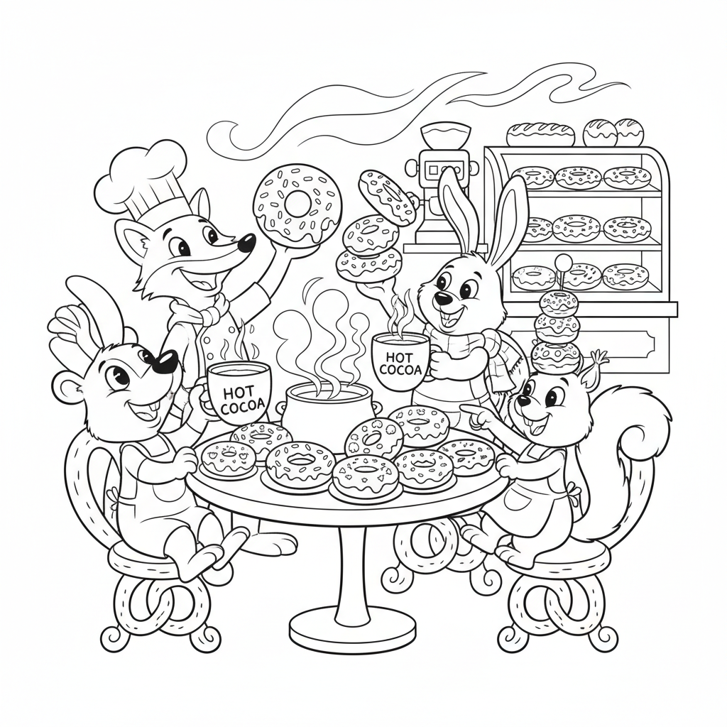 Grupa przyjaciół dzielących się pączkami i gorącymi napojami w kawiarni, kolorowanka dla dzieci, czarne kontury, bia...
