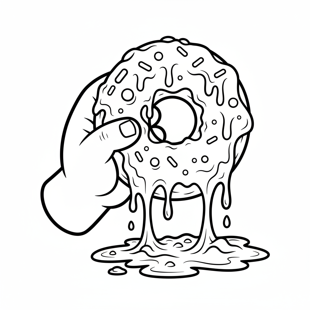 Ręka trzymająca pączka ociekającego lukrem, kolorowanka dla dzieci, czarne kontury, białe tło.