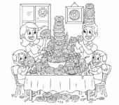 Rodzina zebrana wokół stołu, delektująca się ucztą z pączków i innych przysmaków, kolorowanka dla dzieci, czarne ...