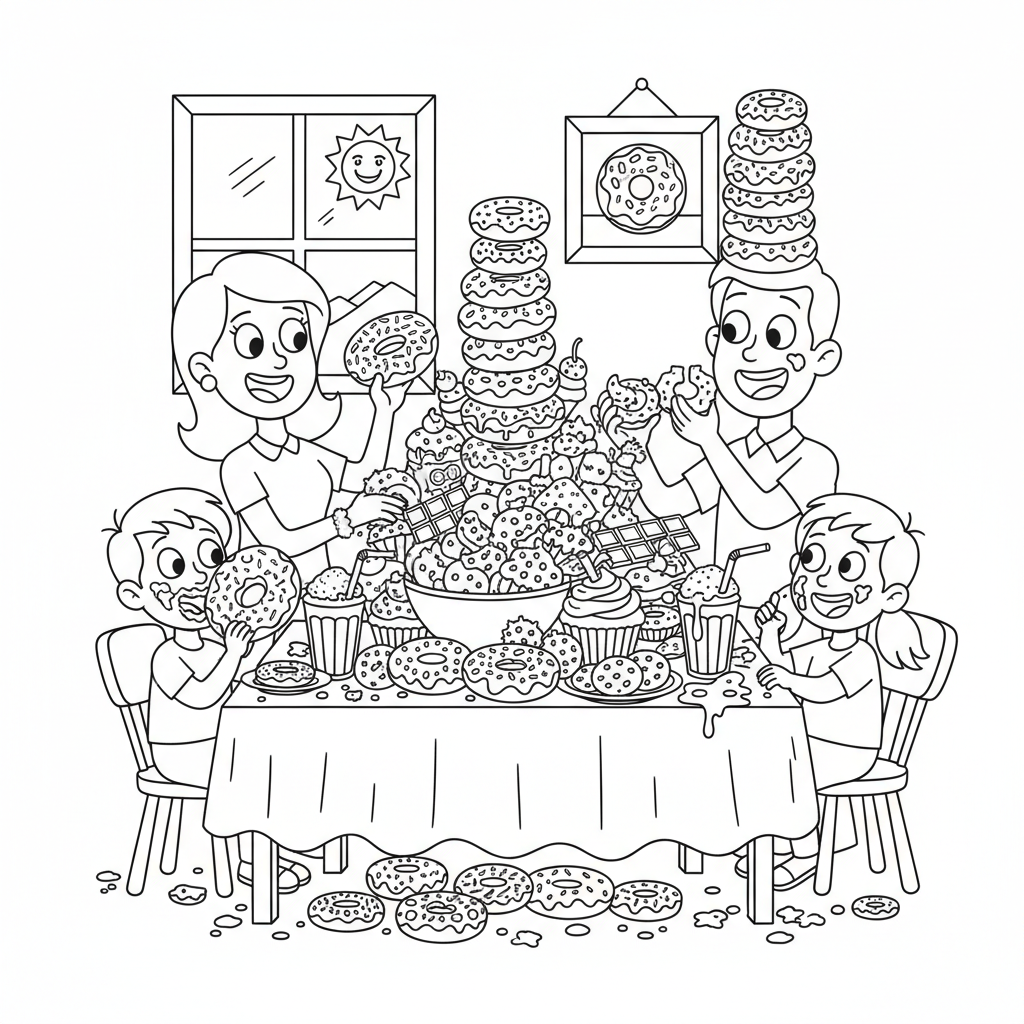 Rodzina zebrana wokół stołu, delektująca się ucztą z pączków i innych przysmaków, kolorowanka dla dzieci, czarne ...