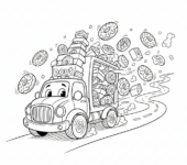 Samochód dostawczy wypełniony pudełkami pączków, pędzący drogą, kolorowanka dla dzieci, czarne kontury, białe tło.