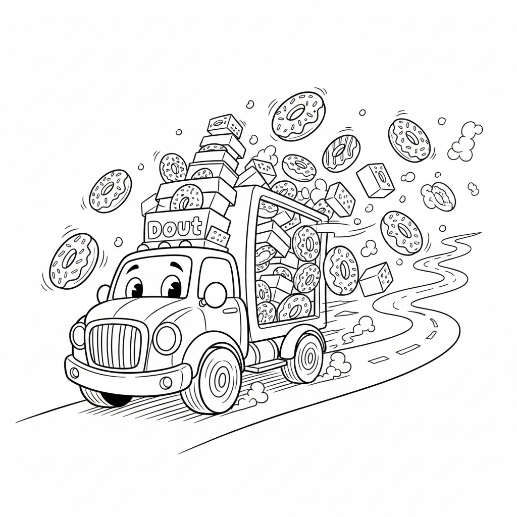 Samochód dostawczy wypełniony pudełkami pączków, pędzący drogą, kolorowanka dla dzieci, czarne kontury, białe tło.