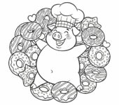 Radosna kreskówkowa świnka w czapce kucharza, otoczona pączkami, kolorowanka dla dzieci, czarne kontury, białe tło.